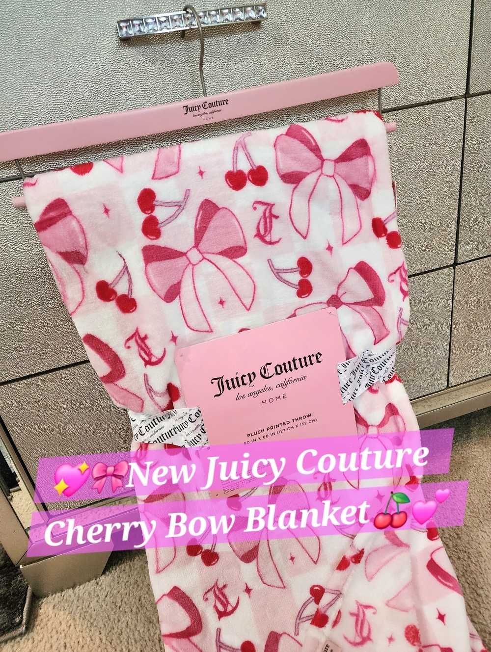 Juicy Couture Pink and Red Cherry Bow Plush Blanket Throw Coquette Y2k New
